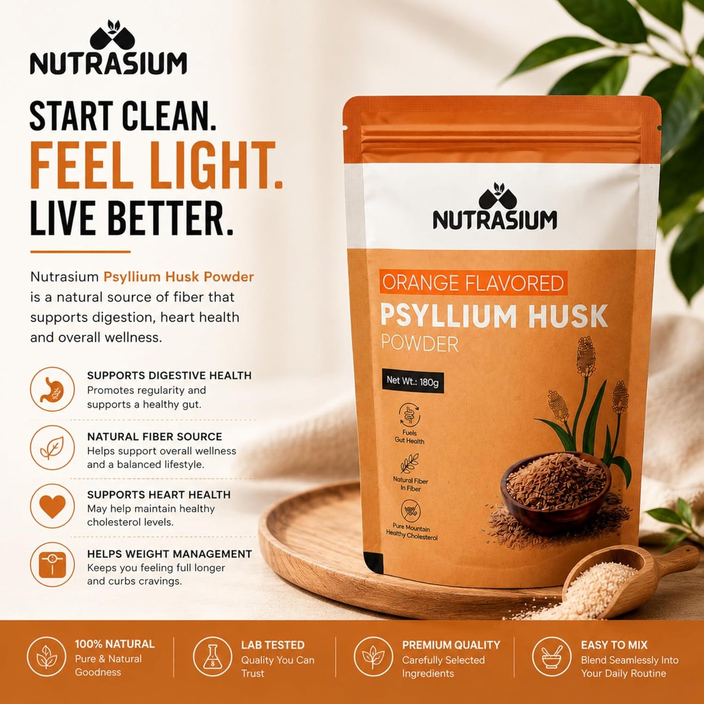 Nutrasium Psyllium Husk Powder | Isabgol Powder | Supports to Relieves Constipation | Rich Source Of Dietary Fiber Supplement For Digestion & Gut Health | 180 gram Orange Flavour