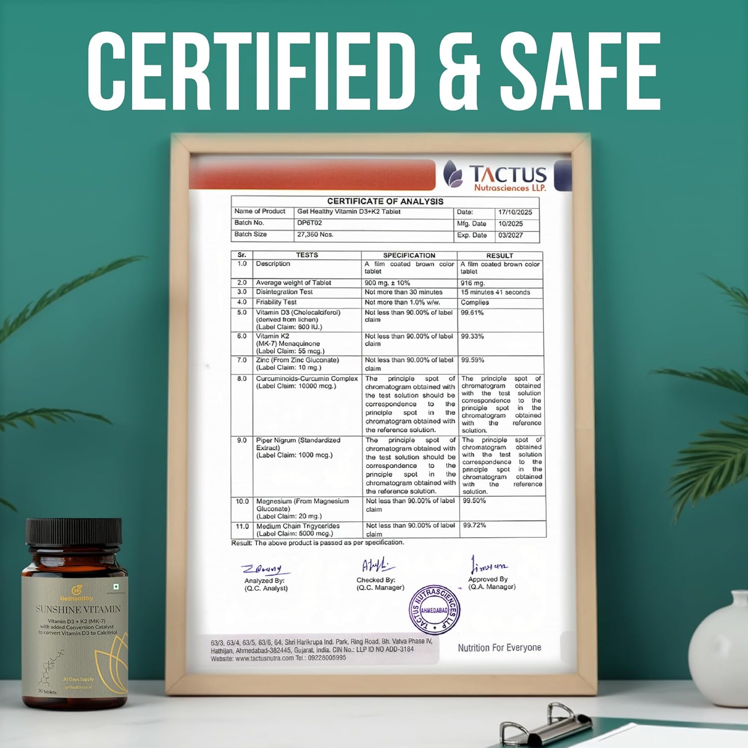 Framed certificate of analysis for a supplement bottle labeled 'Tactus' on a teal background.