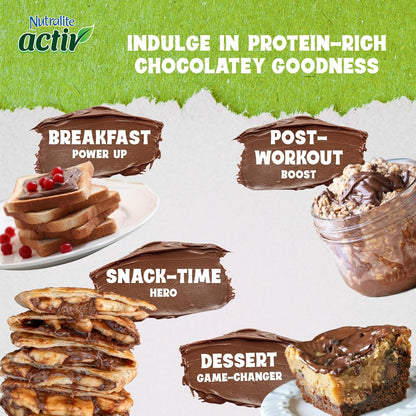 Nutralite Activ Peanut Spread – Chocolate Creamy with 20g protein per 100g, No preservatives, Gluten free, Zero trans-fat, High Dietary Fibre, With dark choco chips, 1kg Jar