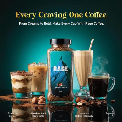 RAGE COFFEE Irish Hazelnut - Flavored Instant Coffee Powder for both Hot & Cold Coffee, 100% Single Origin Arabica Coffee Beans Powder (IRISH HAZELNUT, 100g)