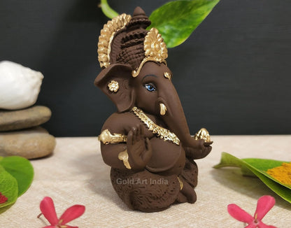 Gold Art India Brown Terracotta Idol for Ganesh Idol for Car Dashboard God Ganesha Idol for Home Decor Ganpati for Gift 3.5 inches (Brown Terracotta), Idol