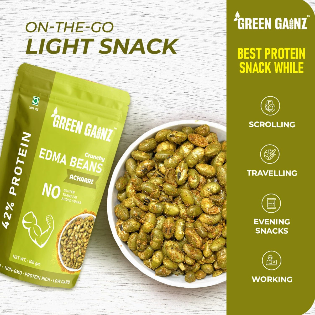 Green Gainz Roasted Edamame Achaari Flavour 100gm | Healthy Namkeen Snacks | 100% Veg Protein Rich Snack | Fiber Rich | No Palm Oil | Roasted, Not Fried