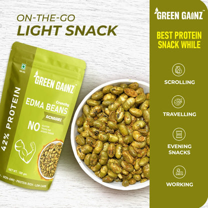 Green Gainz Roasted Edamame Achaari Flavour 100gm | Healthy Namkeen Snacks | 100% Veg Protein Rich Snack | Fiber Rich | No Palm Oil | Roasted, Not Fried