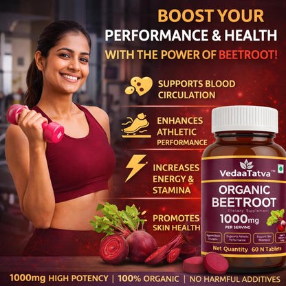 Woman lifting weights with a bottle of VedaaTatva Organic Beetroot supplement in a gym setting.