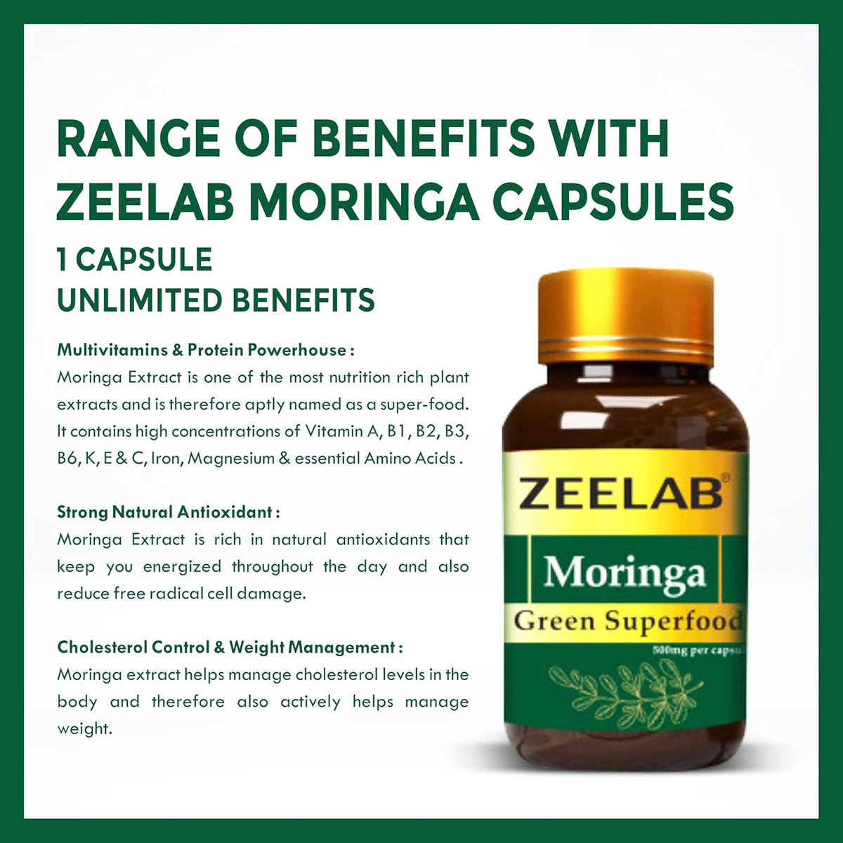 Zeelab Moringa capsules with benefits listed on a white background