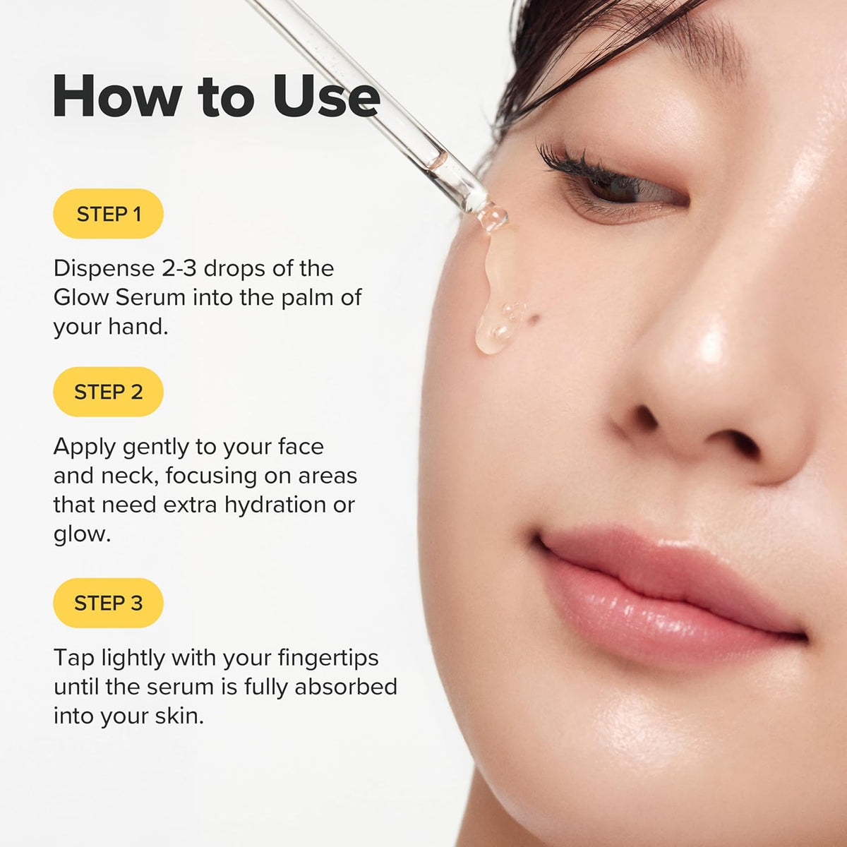 Instructions on how to use a glow serum with a close-up of a woman's face.