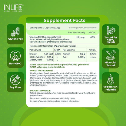 INLIFE Plant Based Vitamin B12 Supplements for Men & Women | Supports Nerve Health & Brain Health | Superfood Formula | B12 from Spirulina Extract - 120 Vegetarian Capsules (Pack of 1, 120)