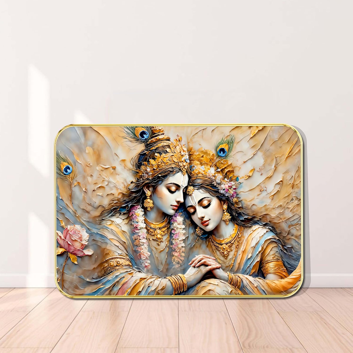 Radha Krishna Wall Art | Divine Romantic Spiritual Painting with 3D Textured Effect & Peacock Feathers | Framed Decorative Artwork for Living Room, Pooja Room (13 Inch x 19 Inch) MG01-823