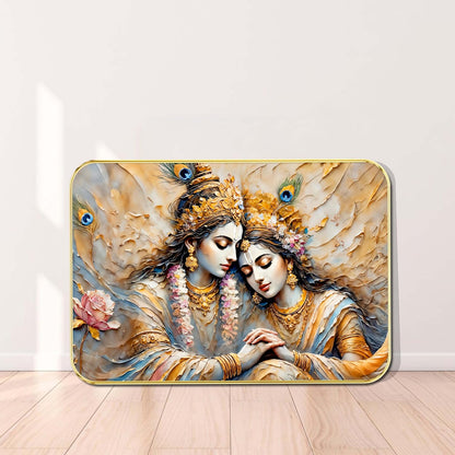 Radha Krishna Wall Art | Divine Romantic Spiritual Painting with 3D Textured Effect & Peacock Feathers | Framed Decorative Artwork for Living Room, Pooja Room (13 Inch x 19 Inch) MG01-823