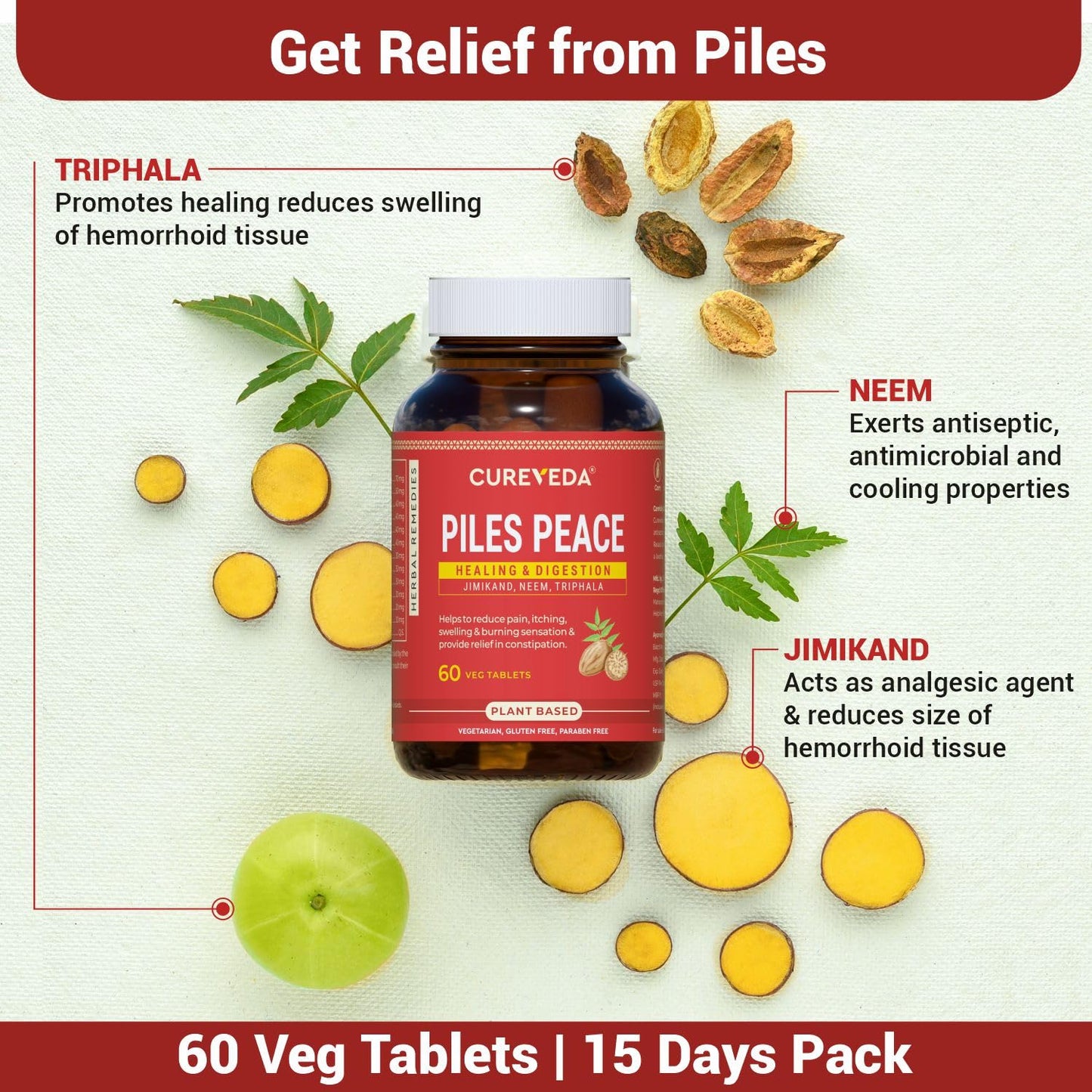 Cureyeda Piles Peace supplement bottle with ingredients and benefits on a white background