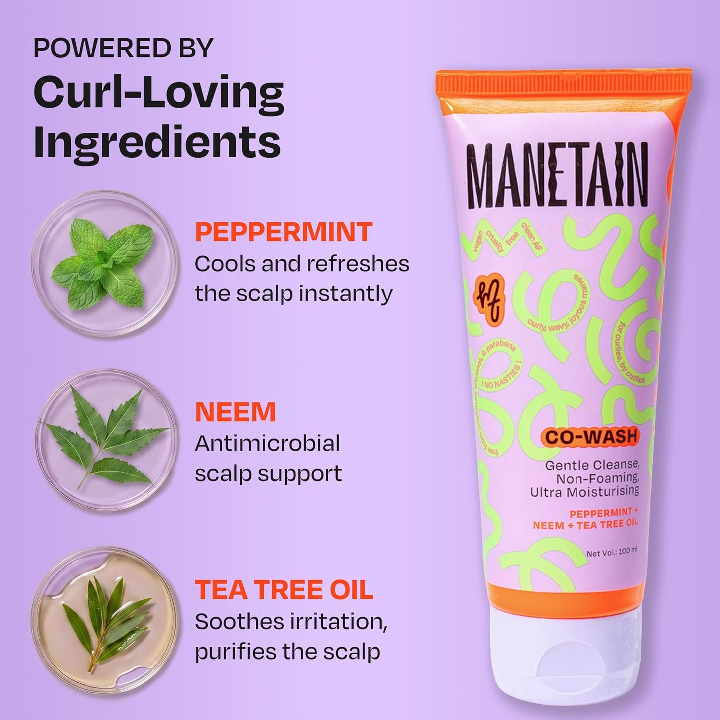 Manetain Co-Wash for Curly Hair - 100ml | 2 in 1 Shampoo & Conditioner | Non-foaming | Sulphate and Paraben Free | CG Friendly | Suitable for Dry and Frizzy Hair