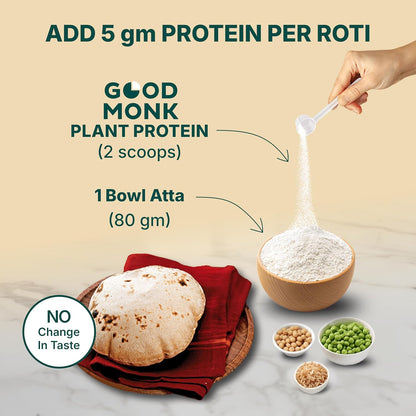 Good Monk Plant Protein for Rotis | Add to Atta - No Taste Change | 20 gm protein in 4 Rotis | From Pea, Brown Rice & Soy | Clean Protein & Gut Friendly Probiotics | All Essential Amino Acids | Stronger Muscles | No Added Sugar/Sweetener | 131 gm
