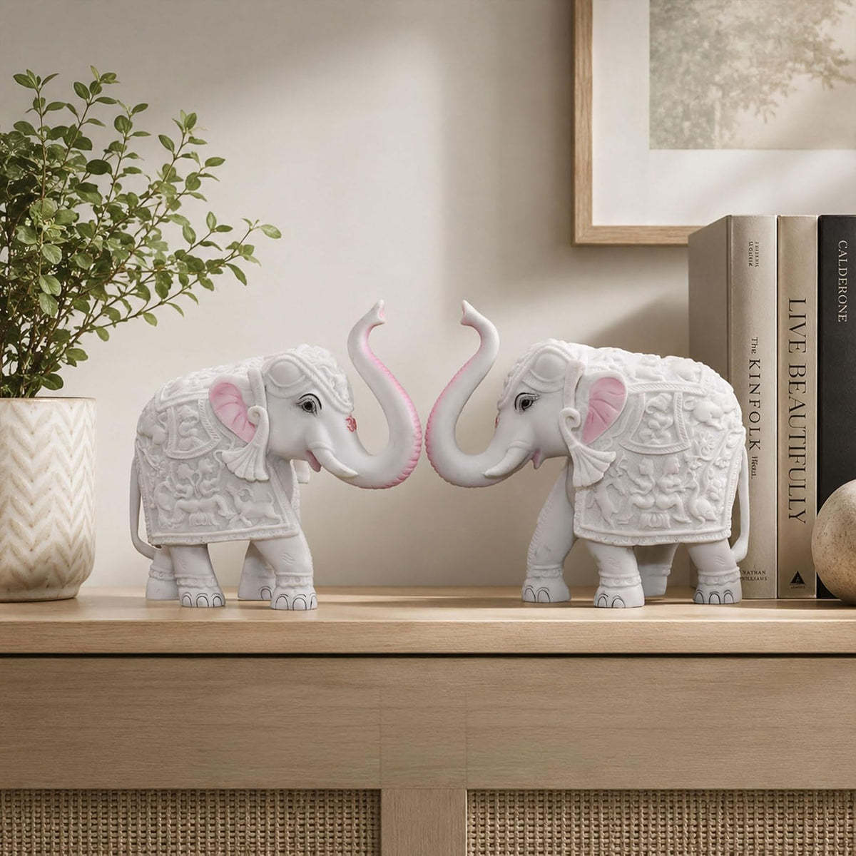 Pack of 2 White Elephant Showpieces Home Decor for Living Room, Table, Shelf, 2 x 3 inch Elephant Marble Resin Statue for Vastu, Feng Shui, Office Decor, Gifting