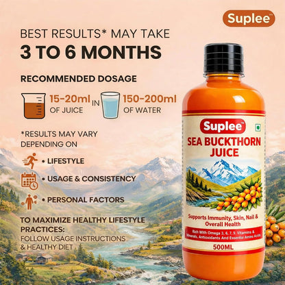 Suplee Himalayan Sea Buckthorn Juice 500ml | Cold Pressed Wild Seabuckthorn Berries | Rich in Omega 3 6 7 9, Vitamins | for Immunity, Skin Care and Vitality | Zero Added Sugar | 500ml