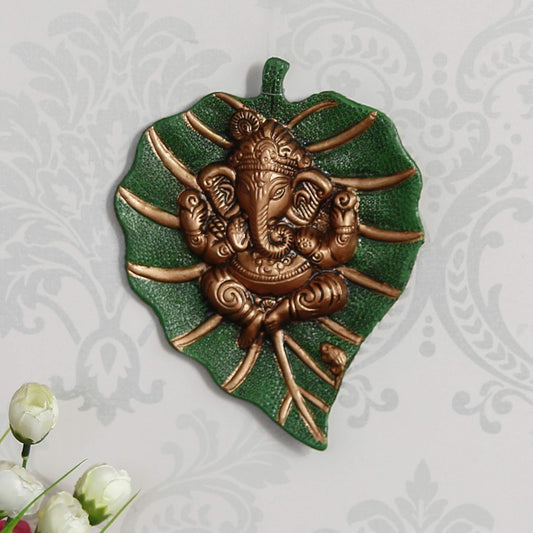 eCraftIndia Metal Brown Lord Ganesha Idol On Green Leaf Ganesha Wall Hanging Decorative Showpiece for Wall Decor- Diwali Decoration Items for Home Decor- Gift for Diwali Ganesh Chaturthi Housewarming