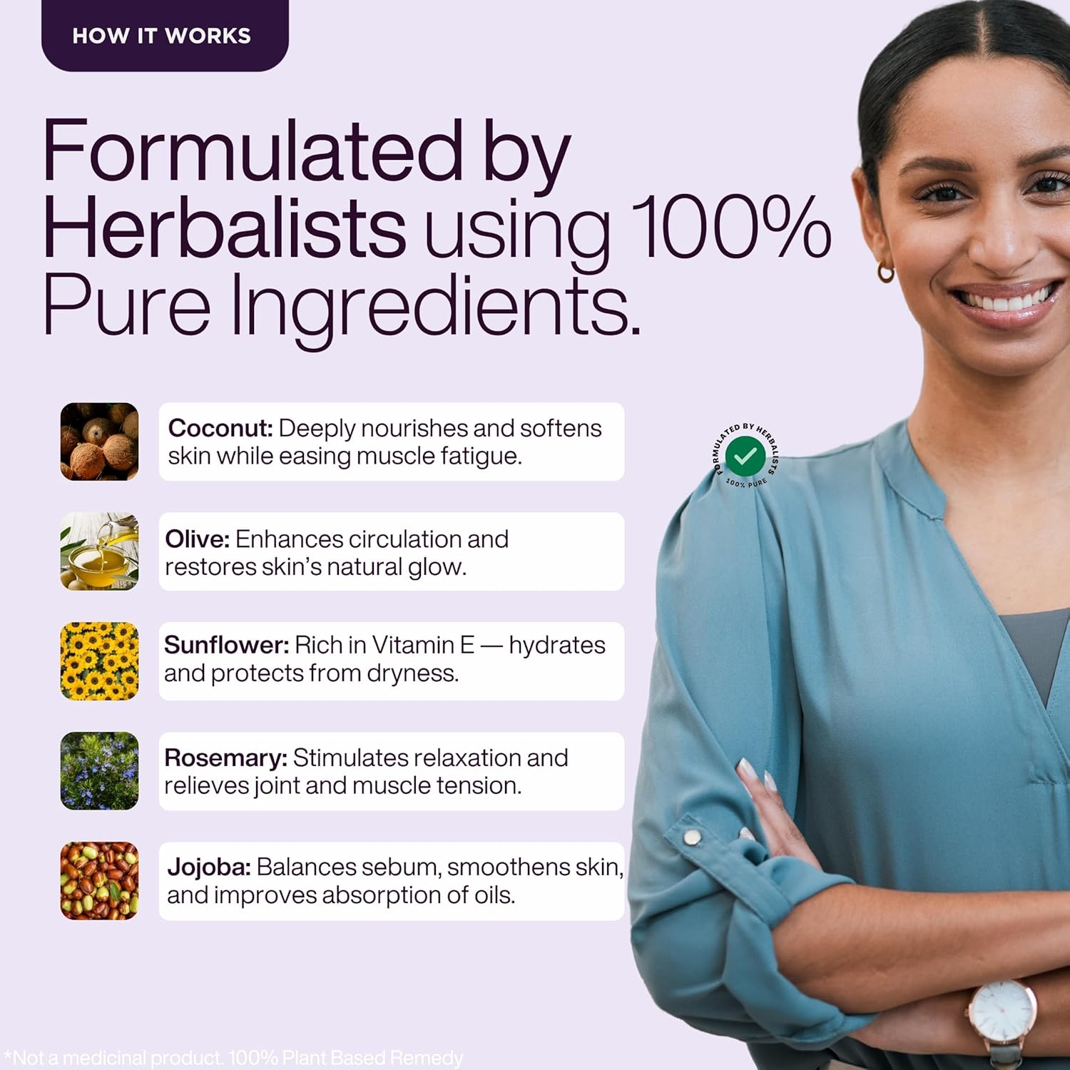 Woman in teal shirt with text about 100% pure ingredients and their benefits on a purple background