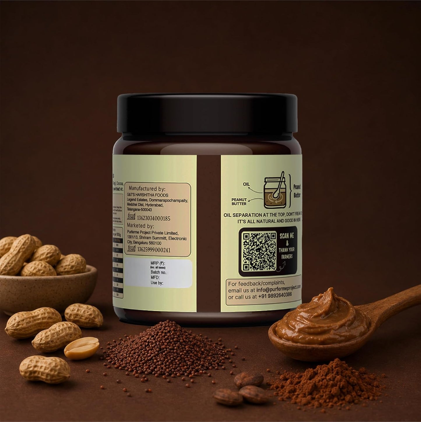 PurFerme Project Ragi & Cocoa with Jaggery Peanut Butter | Creamy (500 g) | Healthy Peanut Butter with Ragi & Cocoa