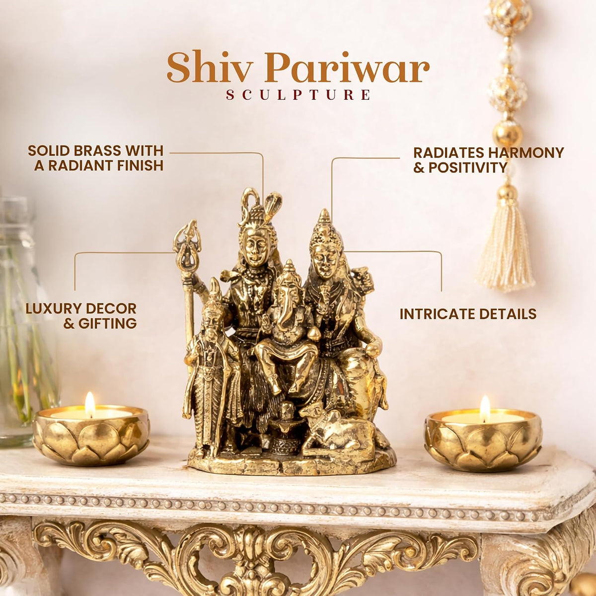 Handcrafted Brass Shiv Parivar Idol | Lord Shiva, Goddess Parvati & Lord Ganesha Murti for Home Temple & Pooja Room (Design04: L4 x W3 x H6 cm)