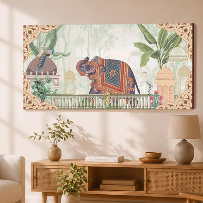 Royal Mughal Garden Elephant Canvas Wall Painting for Living Room, Floral Elephant Vastu Painting Cultural Indian Style, Rajasthani Inspired Artwork for Home & Office 22x46 Inch