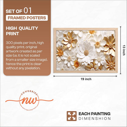 Floral Wall Painting with Frame Set of 1 | Premium White & Gold Flower Artwork, Luxury Textured Botanical Wall Decor for Living Room Bedroom Office Home Decoration (Art-10,13x19inch)
