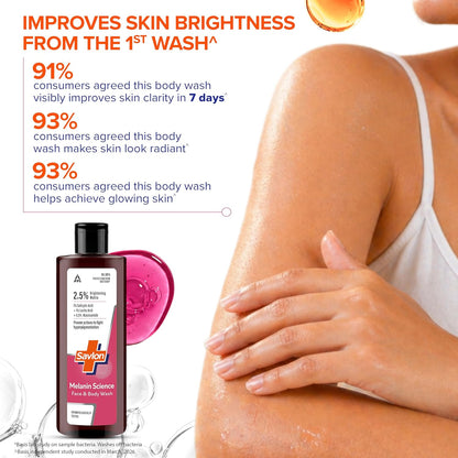 Savlon Melanin Science Face & Body Wash 250ml | With 1% Salicylic Acid + 1% Lactic Acid + 0.5% Niacinamide | Fights Hyperpigmentation | Helps Renew Dull Skin in 7 Days | Dermatologically Tested