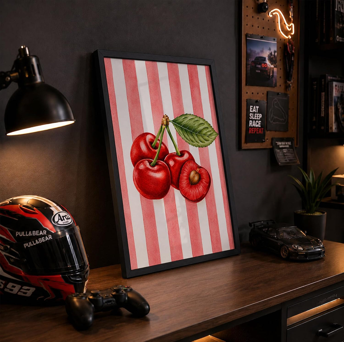 Cherry Wall Art Framed Painting for Home Decor, Red Fruit Botanical Illustration Wall Decor for Living Room Bedroom Office, Retro Aesthetic Room Decoration (DGN01-Black10x13 inch)