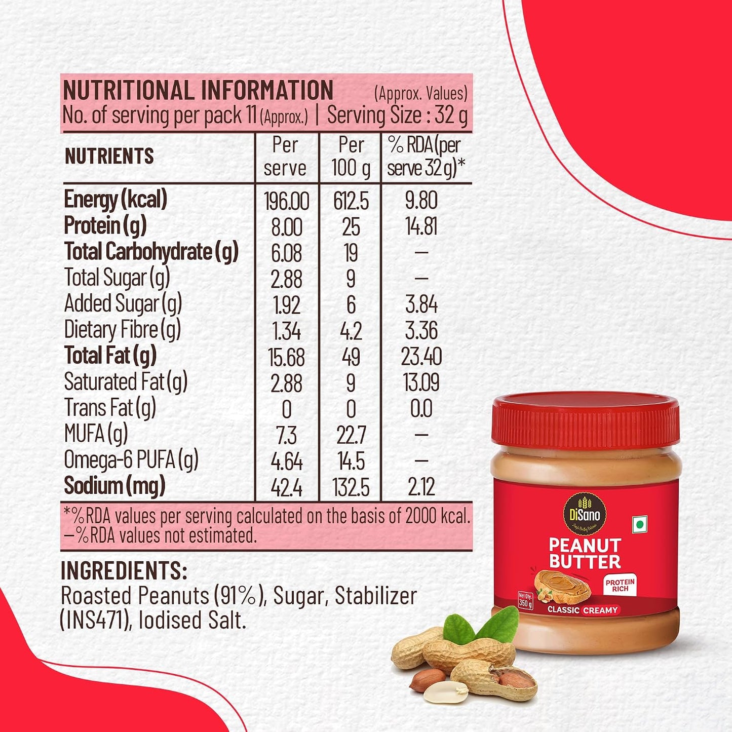DiSano Peanut Butter, Creamy, 25% Protein with Vitamins & Minerals