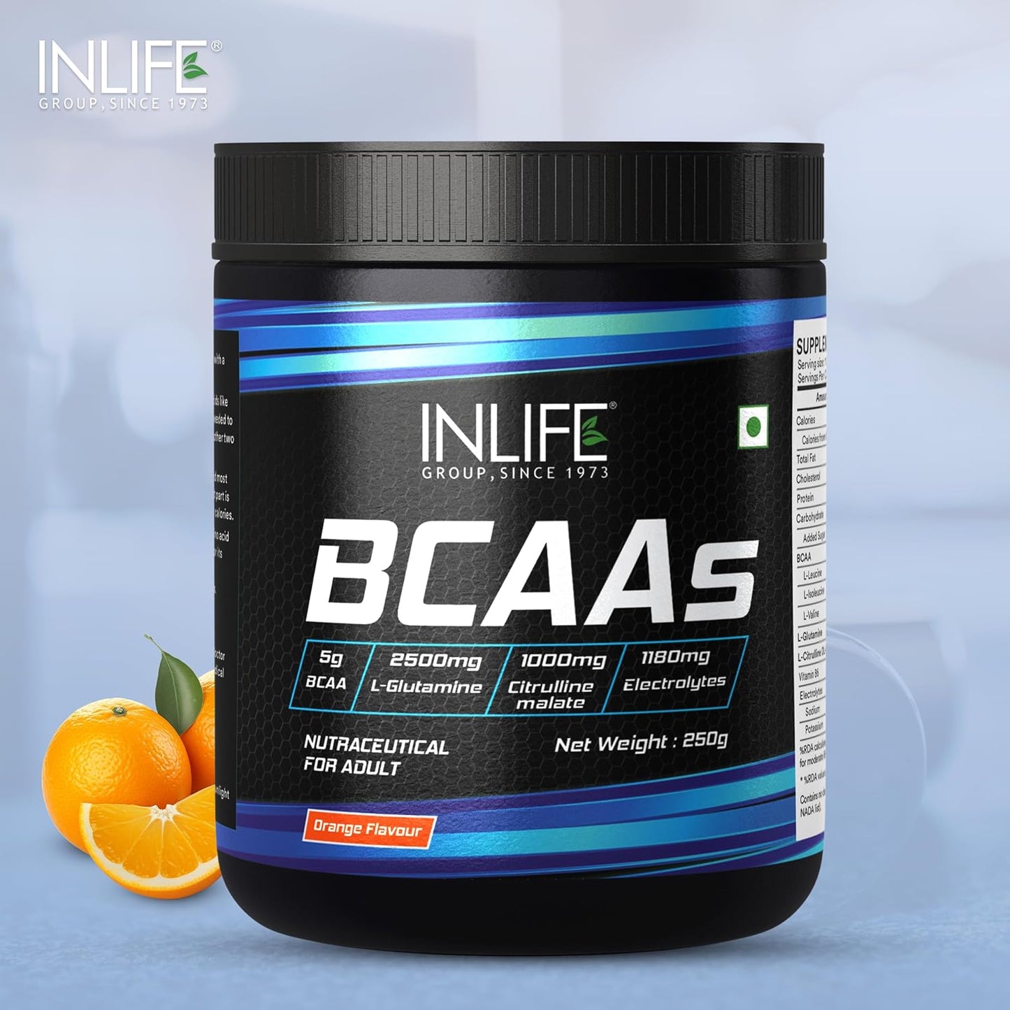 INLIFE BCAA Supplement 7g Amino Acids Instantized for Pre Post & Intra Energy Drink for Workout, 2.5g L-Glutamine,1g Citrulline Malate, 1180mg Electrolytes Powder (Orange, 250g)