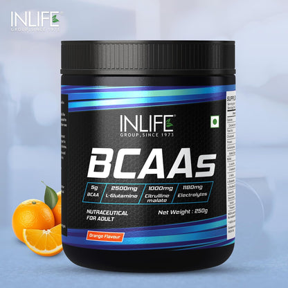 INLIFE BCAA Supplement 7g Amino Acids Instantized for Pre Post & Intra Energy Drink for Workout, 2.5g L-Glutamine,1g Citrulline Malate, 1180mg Electrolytes Powder (Orange, 250g)