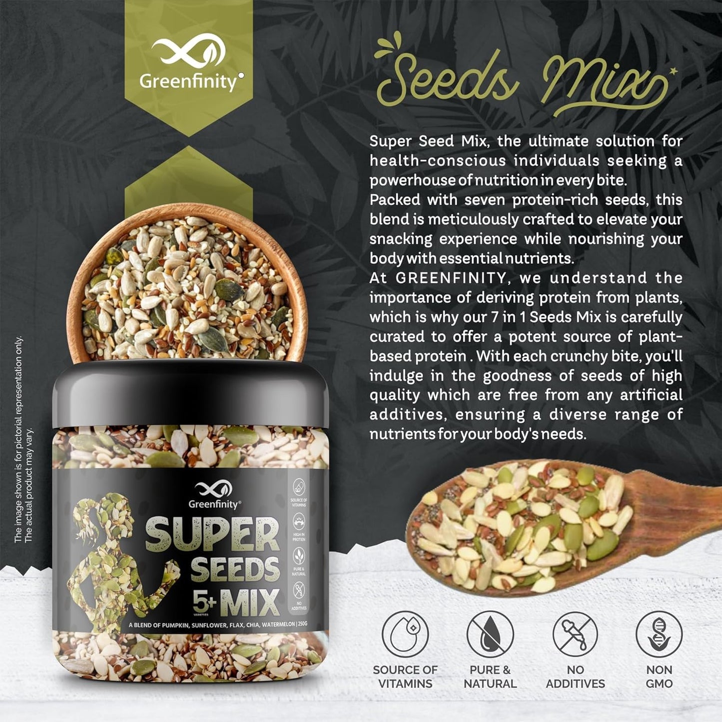 GreenFinity Healthy Raw Mix Seeds- Pumpkin, Sunflower, Watermelon, Chia and Flax Seeds | Rich in Omega 3 Fiber and Antioxidant | Ideal for Weight Management, Immunity Booster, Salads and Baking (250g)