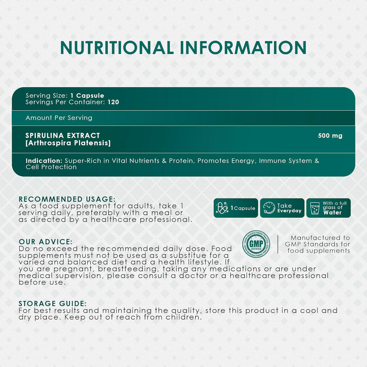 Nutritional information label for Spirulina extract supplement on a light gray background