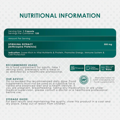 Nutritional information label for Spirulina extract supplement on a light gray background