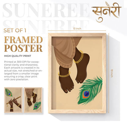 Krishna Flute Hands Charan Feet Wall Art Painting | Set of 2 Framed Paintings | Spiritual Decor for Living Room Mandir Pooja Room Bedroom | (ART 6, 13x19 INCHES)