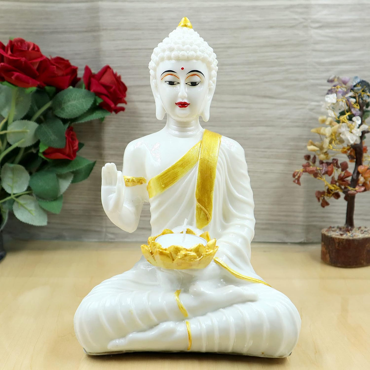 White Gold Buddha Sitting with TeaLight in Hand Polyresin Idol - Perfect for Living Room, Bedroom & Office Space Home Decor Wall Decoration Ideal Gifting (White Light Buddha)
