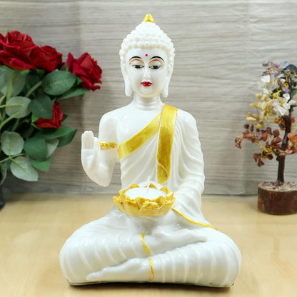 White Gold Buddha Sitting with TeaLight in Hand Polyresin Idol - Perfect for Living Room, Bedroom & Office Space Home Decor Wall Decoration Ideal Gifting (White Light Buddha)