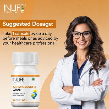 INLIFE Ashwagandha Extract (Withania Somnifera) with > 7% withanolides| Ayurvedic Supplement | Immunity and General Wellness, 500mg - 60 Vegetarian Capsules (Pack of 1, 60)