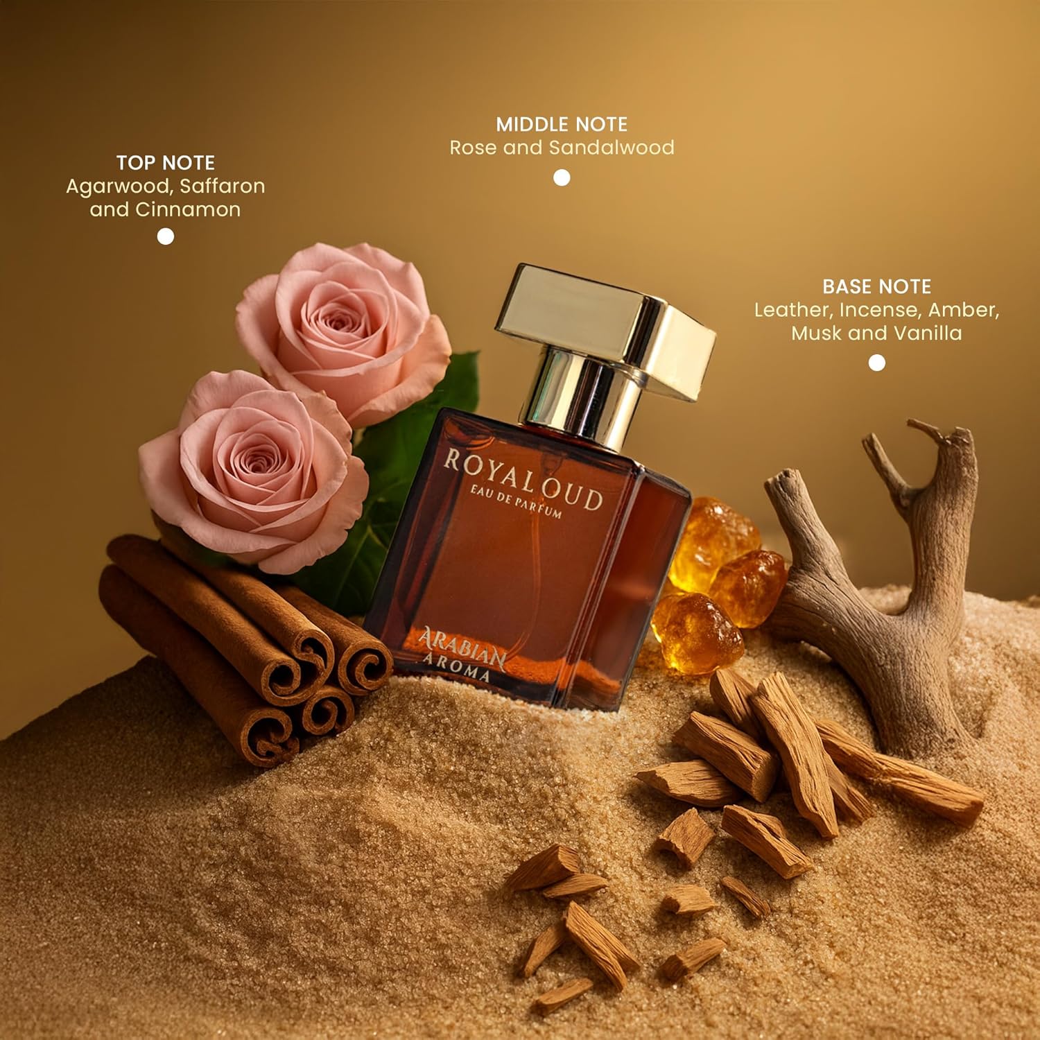 ROYALOUD perfume bottle with roses, cinnamon sticks, and amber on a sand-like surface.