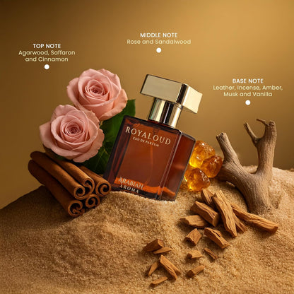 ROYALOUD perfume bottle with roses, cinnamon sticks, and amber on a sand-like surface.