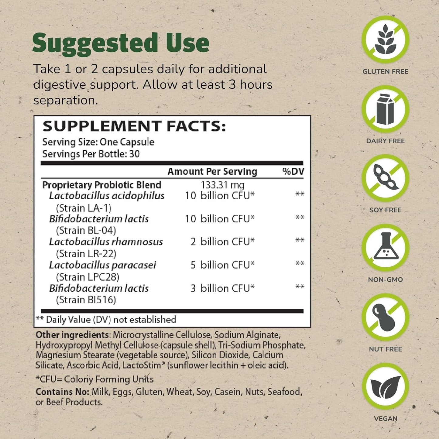 Supplement label with suggested use, supplement facts, and dietary information on a brown background.