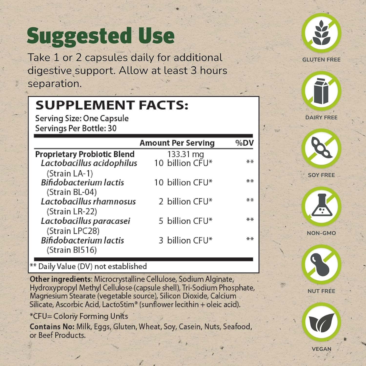 Supplement label with suggested use, supplement facts, and dietary information on a brown background.