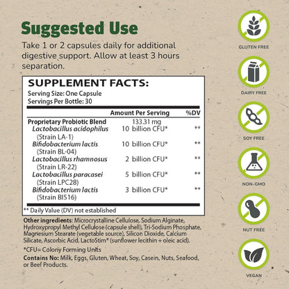 Supplement label with suggested use, supplement facts, and dietary information on a brown background.