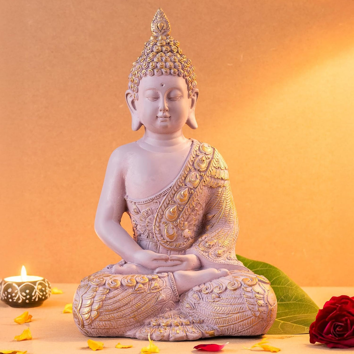 Buddha Idol for Home Decor | White Gautam Buddha Statue Showpiece for Living Room, Office & Temple | Resin Shakyamuni Buddha Figurine | Housewarming Gift (Pink |10 inch)