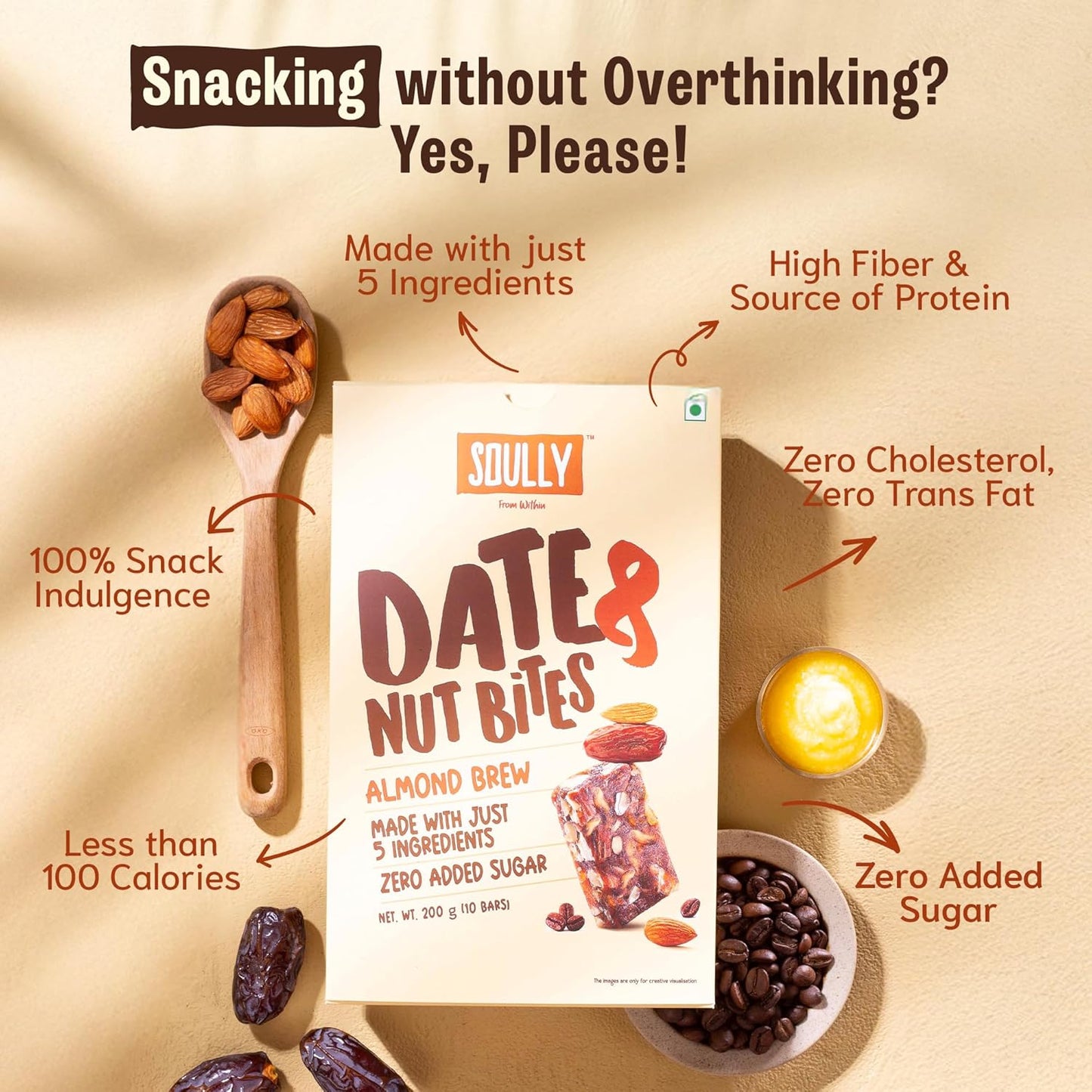 SOULLY Almond Brew Date & Nut Mini Energy Bars 200g (10 Bars x 20g) | Whole Dates, Roasted Almonds, Real Coffee & Pure Cow Ghee | Just 93 Calories Per Bar | No Added Sugar | No Preservatives | For Coffee Lovers