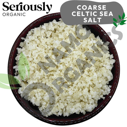 Coarse Celtic sea salt in a bowl with 'Seriously Organic' branding.