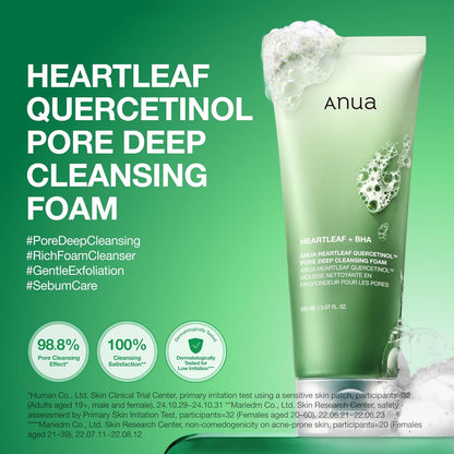 Anua Heartleaf Quercetinol Pore Deep Cleansing Foam, Facial Cleanser, for Double Cleansing, BHA, Hyaluronic Acid, Glycerin, Face Wash, Blackhead Remover, Korean Skincare (150ml)