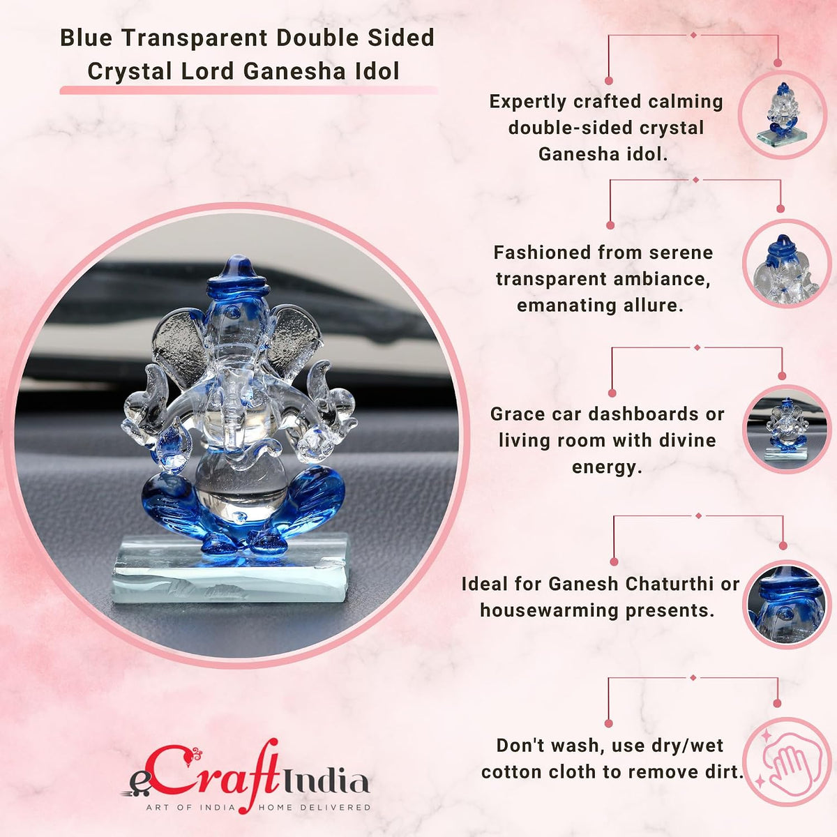 Blue and Transparent Double Sided Crystal Car Ganesha Showpiece