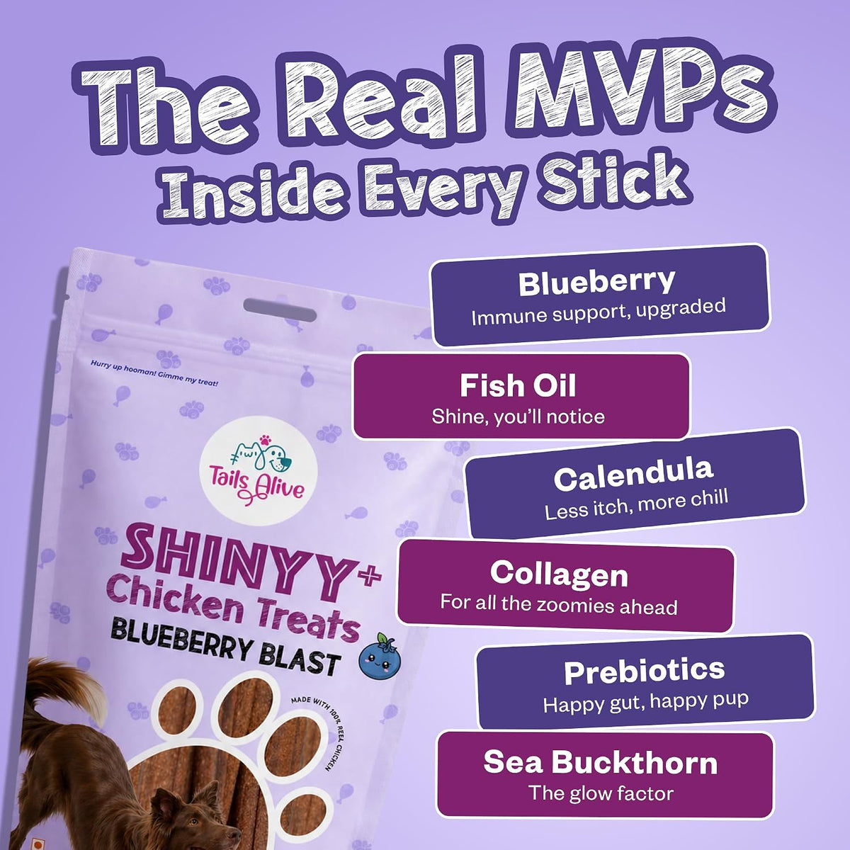 TailsAlive Shinyy+ Treats for Dogs | Skin & Coat Support | No Added Sugar | Fish Oil, Sea Buckthorn & Collagen | Blueberry Blast | 100g