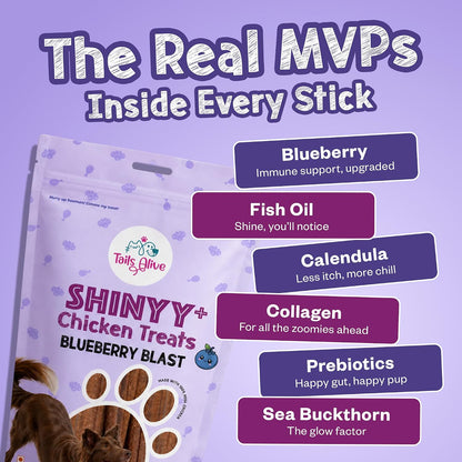 TailsAlive Shinyy+ Treats for Dogs | Skin & Coat Support | No Added Sugar | Fish Oil, Sea Buckthorn & Collagen | Blueberry Blast | 100g