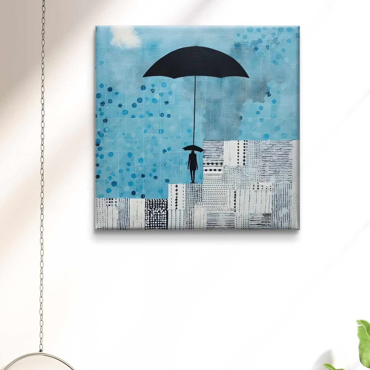 Modern Abstract Wall Art Canvas, Umbrella in Rain Design, Blue and Black, Contemporary Home Decor 16 Inch x 16 Inch CVS-38091