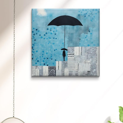 Modern Abstract Wall Art Canvas, Umbrella in Rain Design, Blue and Black, Contemporary Home Decor 16 Inch x 16 Inch CVS-38091
